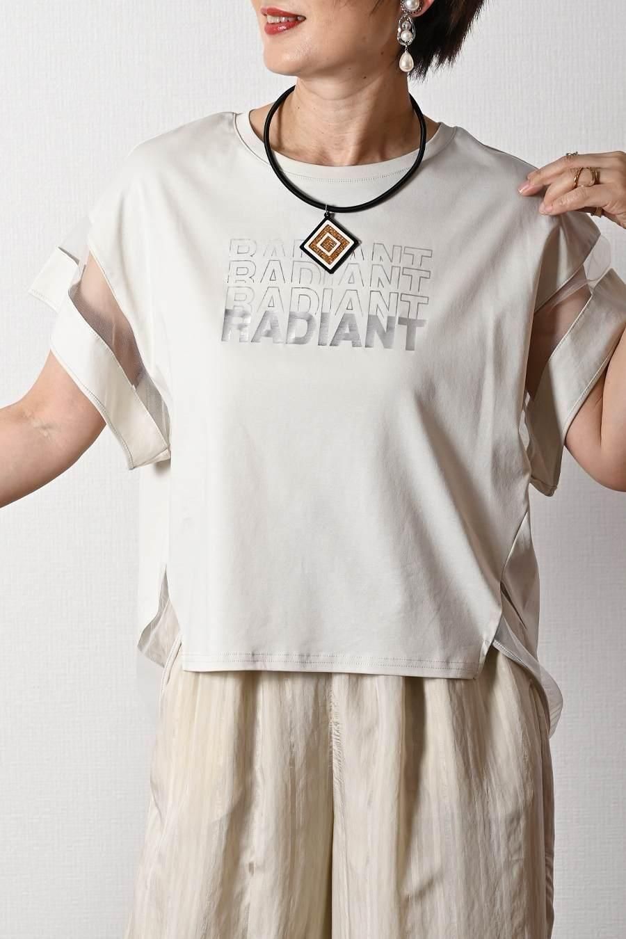 箔プリント&チュール切り替えカットソー+シャドーストライプワイドパンツ2点セットコーデ