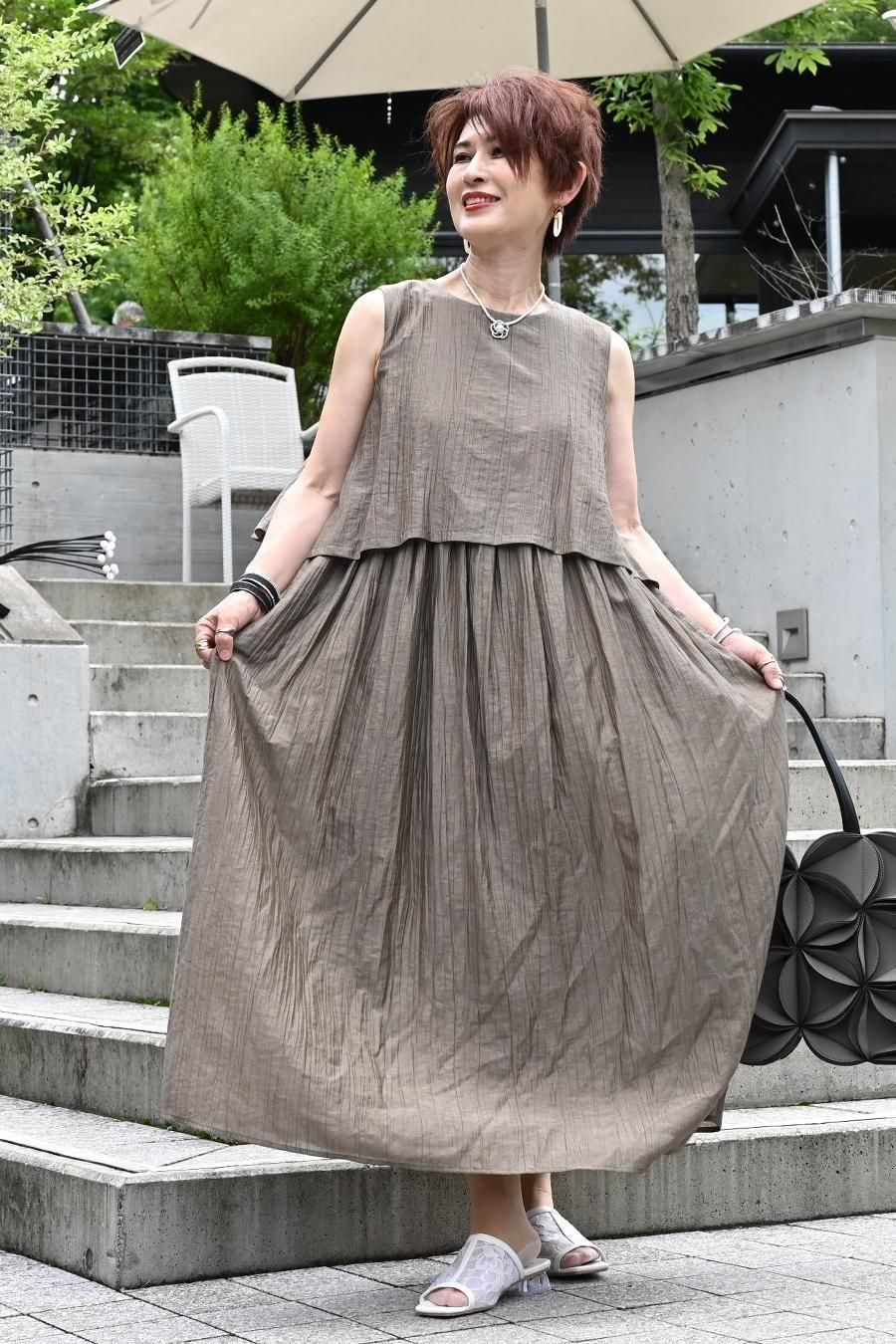 ワンピ一枚でこなれ感!ワッシャー加工 レイヤード風ワンピース