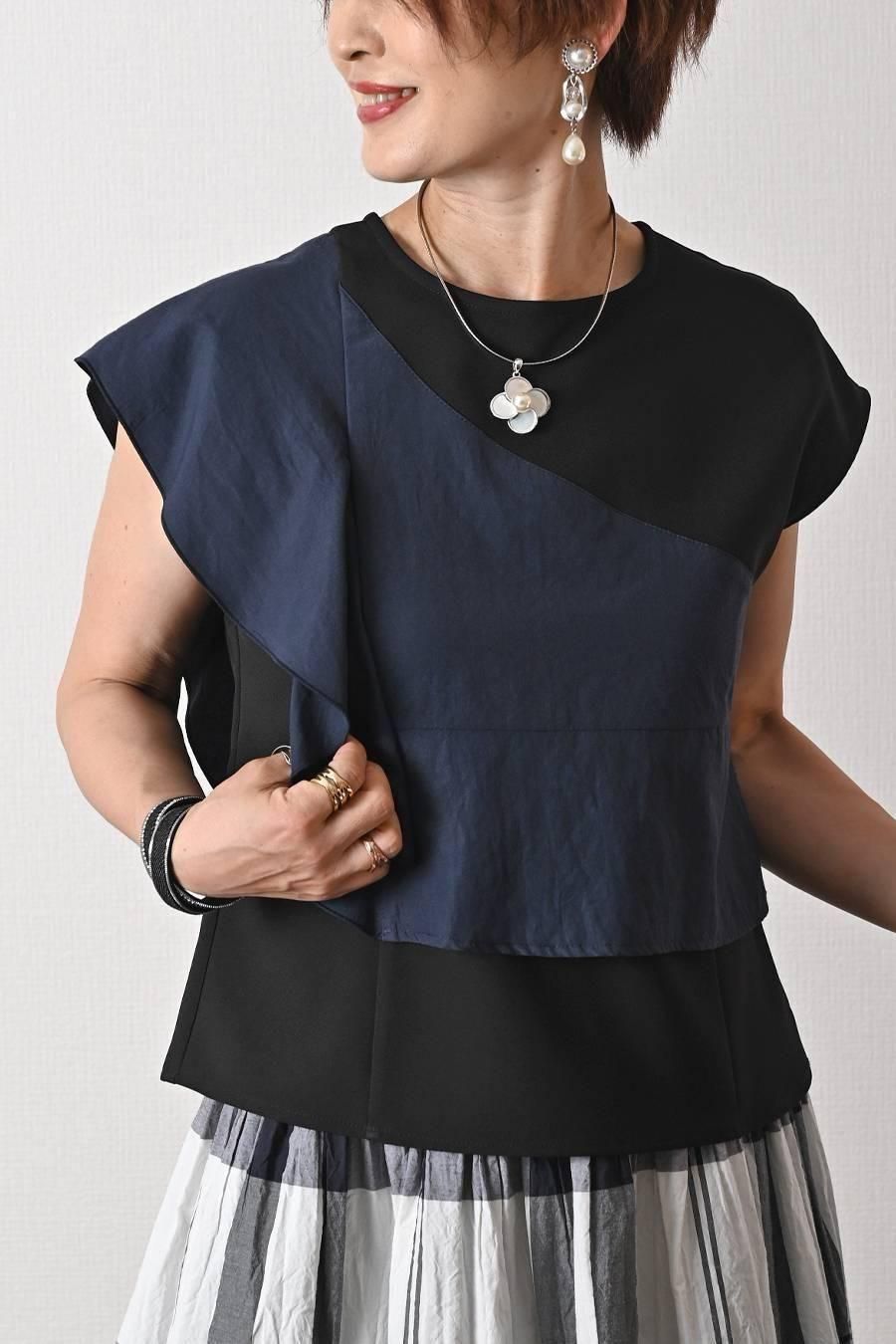 バイカラー&フリル切り替えアシンメトリーデザインブラウス