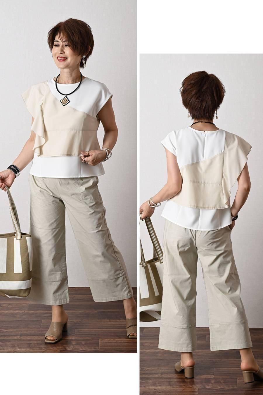 バイカラー&フリル切り替えアシンメトリーデザインブラウス