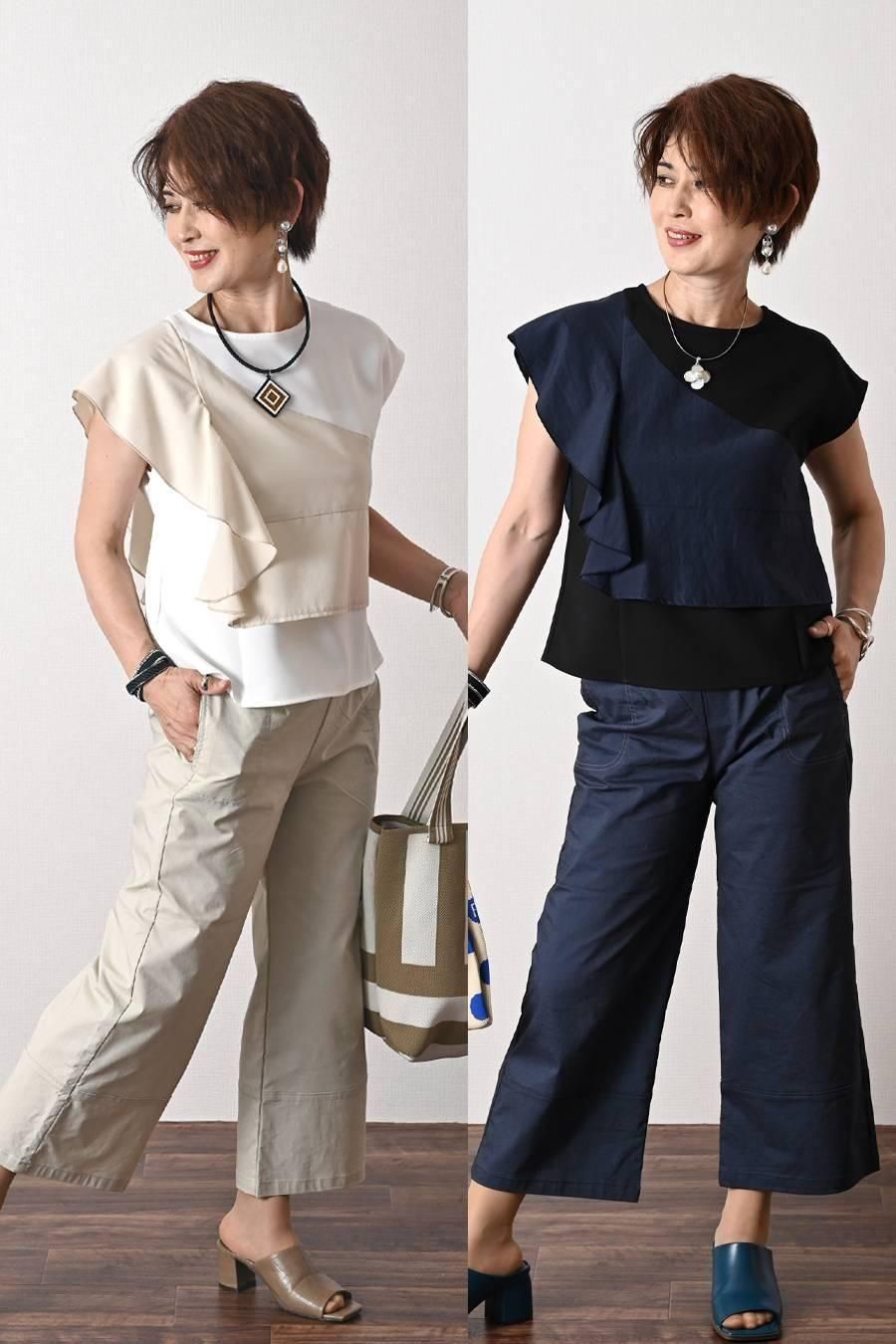 フリル切り替えアシンメトリーブラウス+シャンブレースーパーストレッチワイドパンツ2点セットコーデ