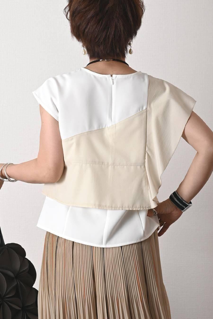 フリル切り替えアシンメトリーブラウス+シャンブレースーパーストレッチワイドパンツ2点セットコーデ