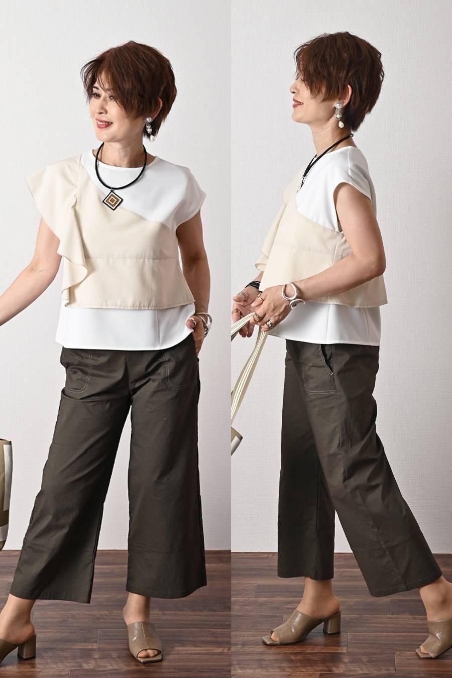フリル切り替えアシンメトリーブラウス+シャンブレースーパーストレッチワイドパンツ2点セットコーデ