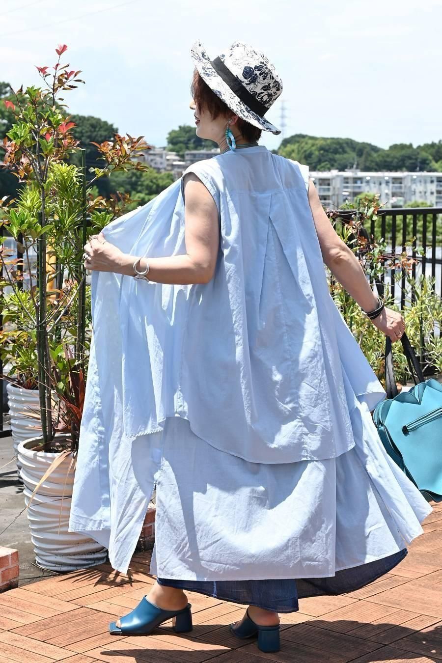 コットンローン レイヤード風ロングジレブラウス