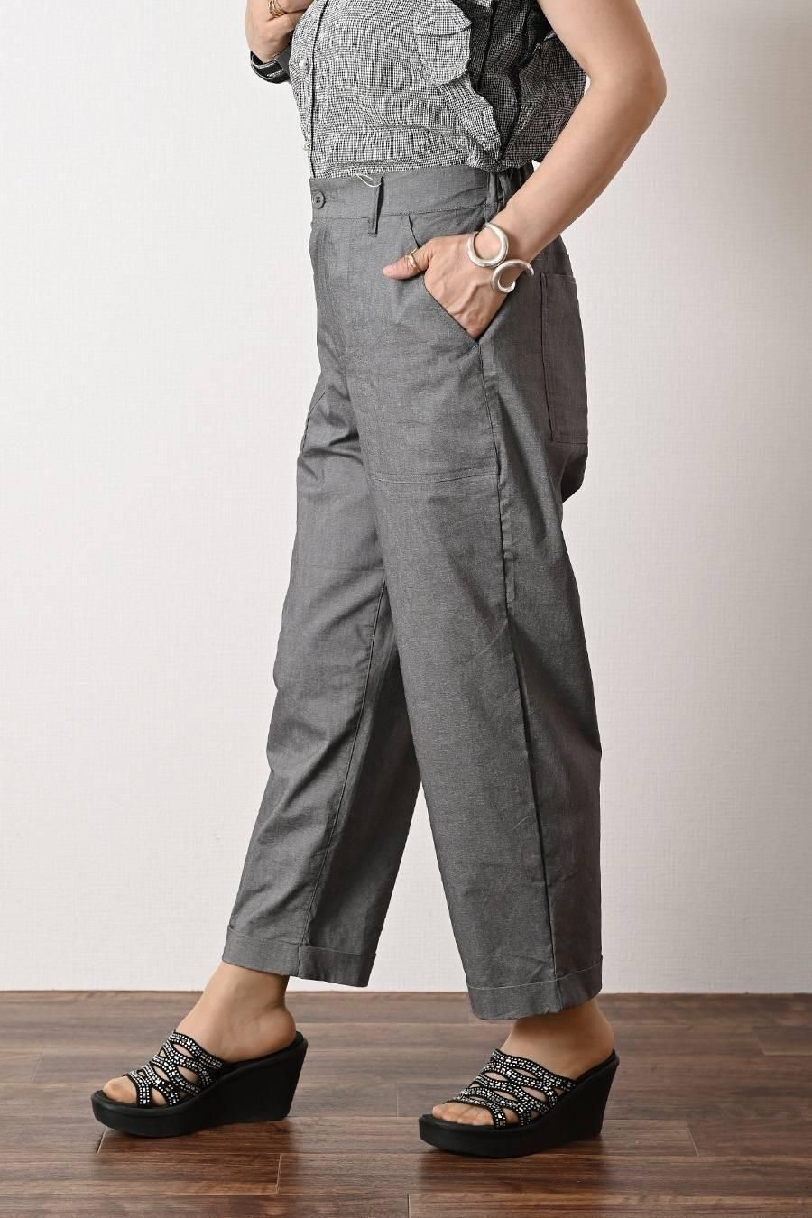 麻混シャンブレー超ストレッチ軽涼パンツ