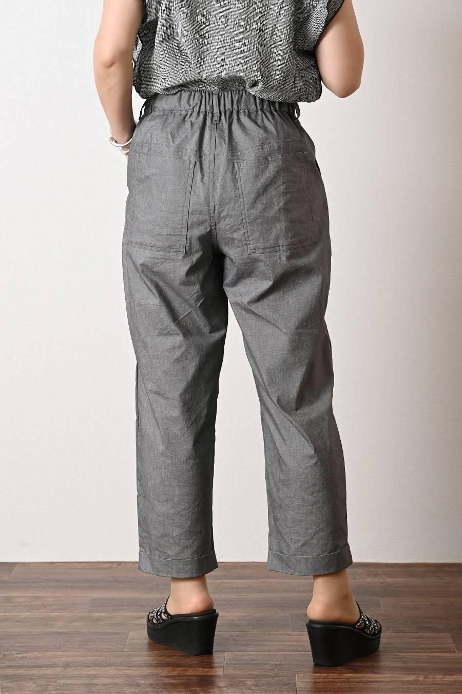 麻混シャンブレー超ストレッチ軽涼パンツ