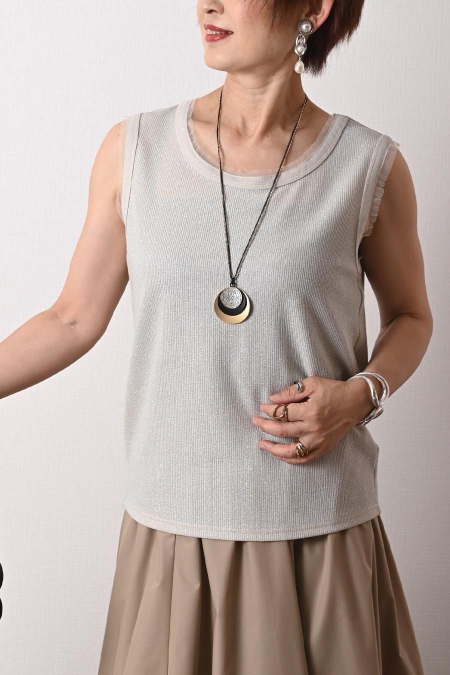 チュールトリミング ラメテレコタンクトップ