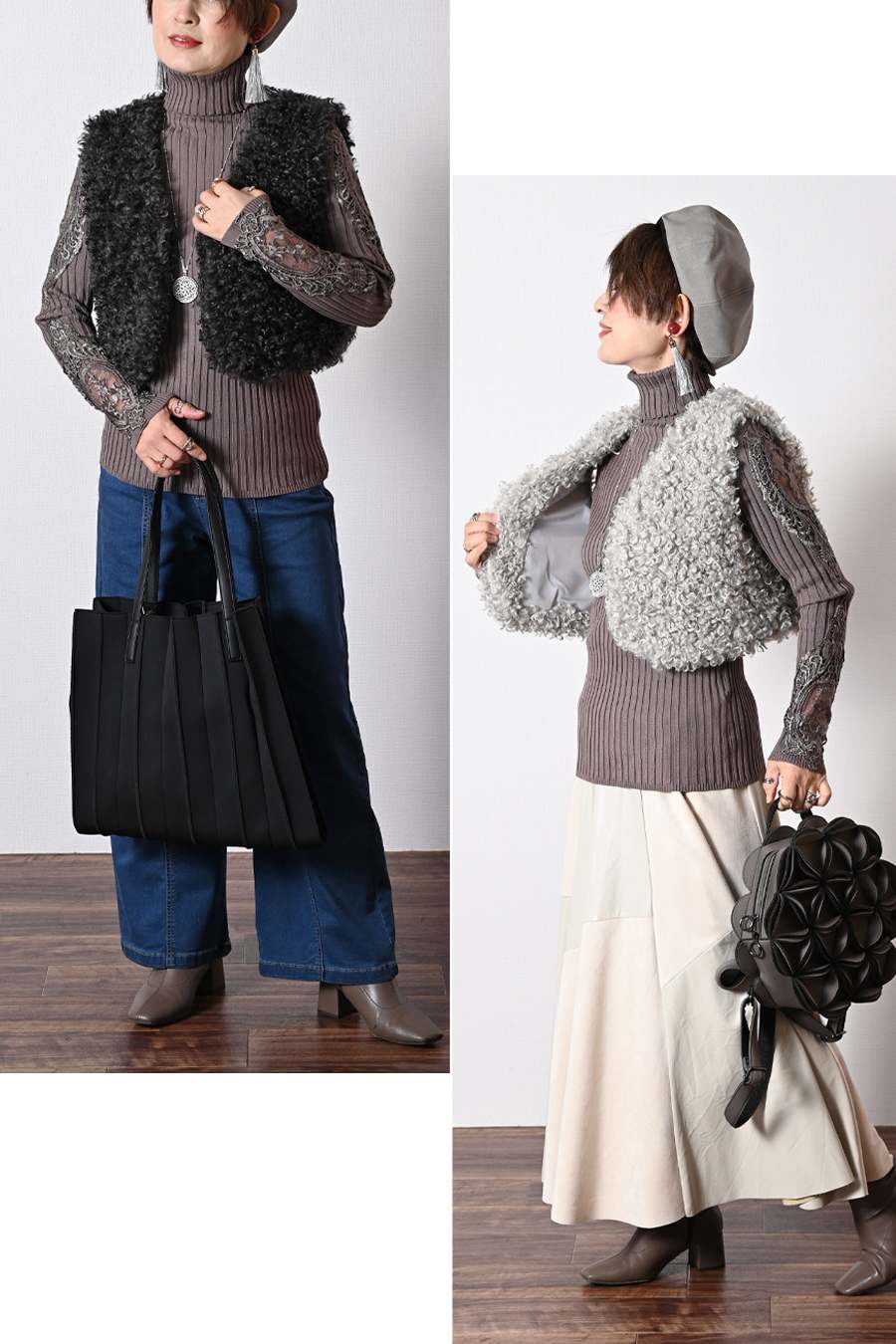 【Special Offer 45%OFF】美ゴージャスレースリブニットソー+プードルファーショートベスト2点セットコーデ