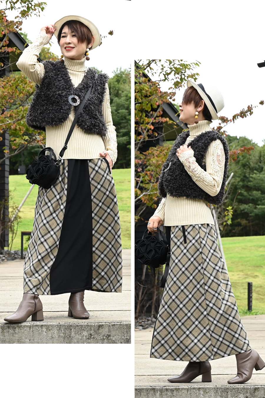 【Special Offer 45%OFF】美ゴージャスレースリブニットソー+プードルファーショートベスト2点セットコーデ