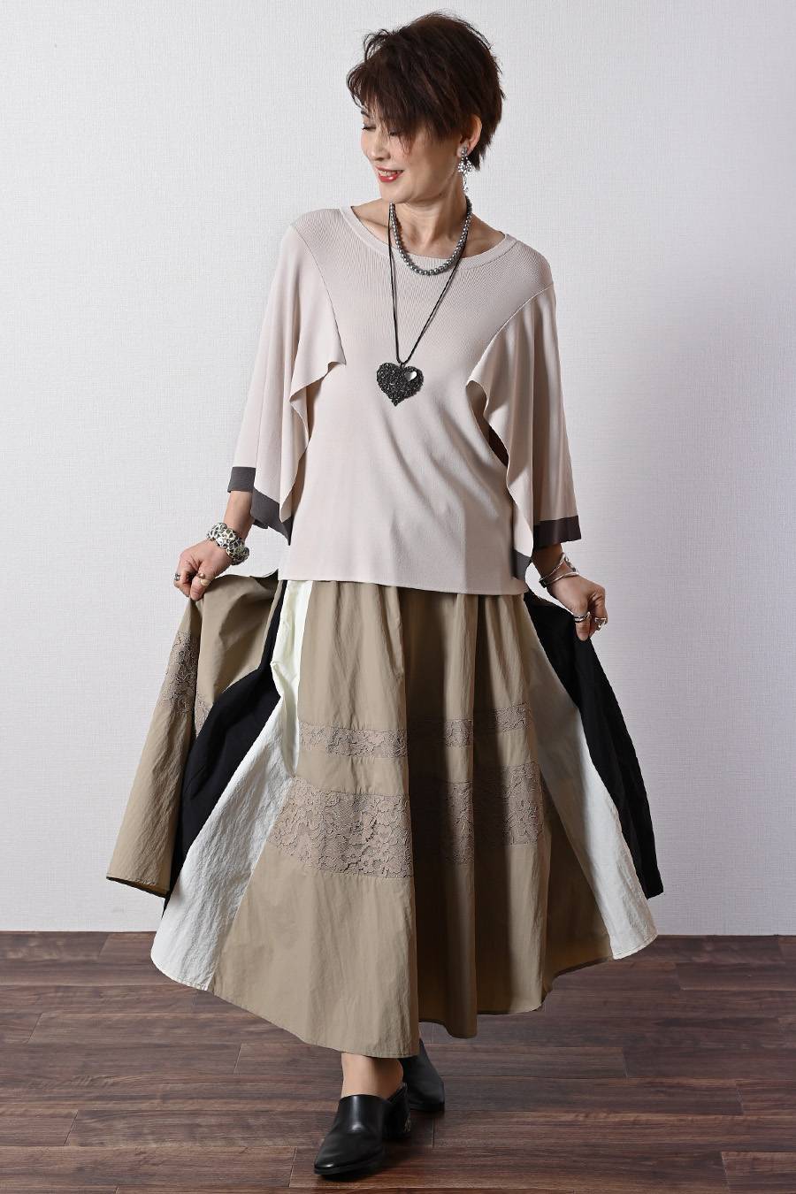 ケープスリーブ・ハイゲージニット+レース切り替えフレアスカート2点セットコーデ