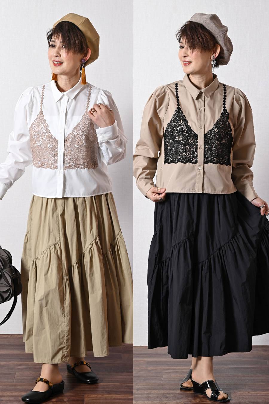大人のビスチェ風レースブラウス+超軽量タフタ フレアスカート 2点
