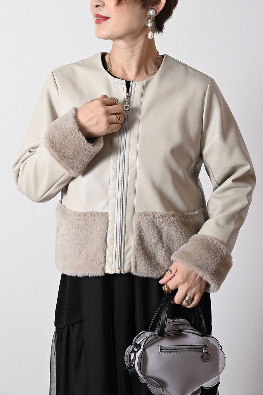 【Special  Offer 40%OFF】カンサイプロフューモコラボ エコレザー&エコファー切り替えジャケット