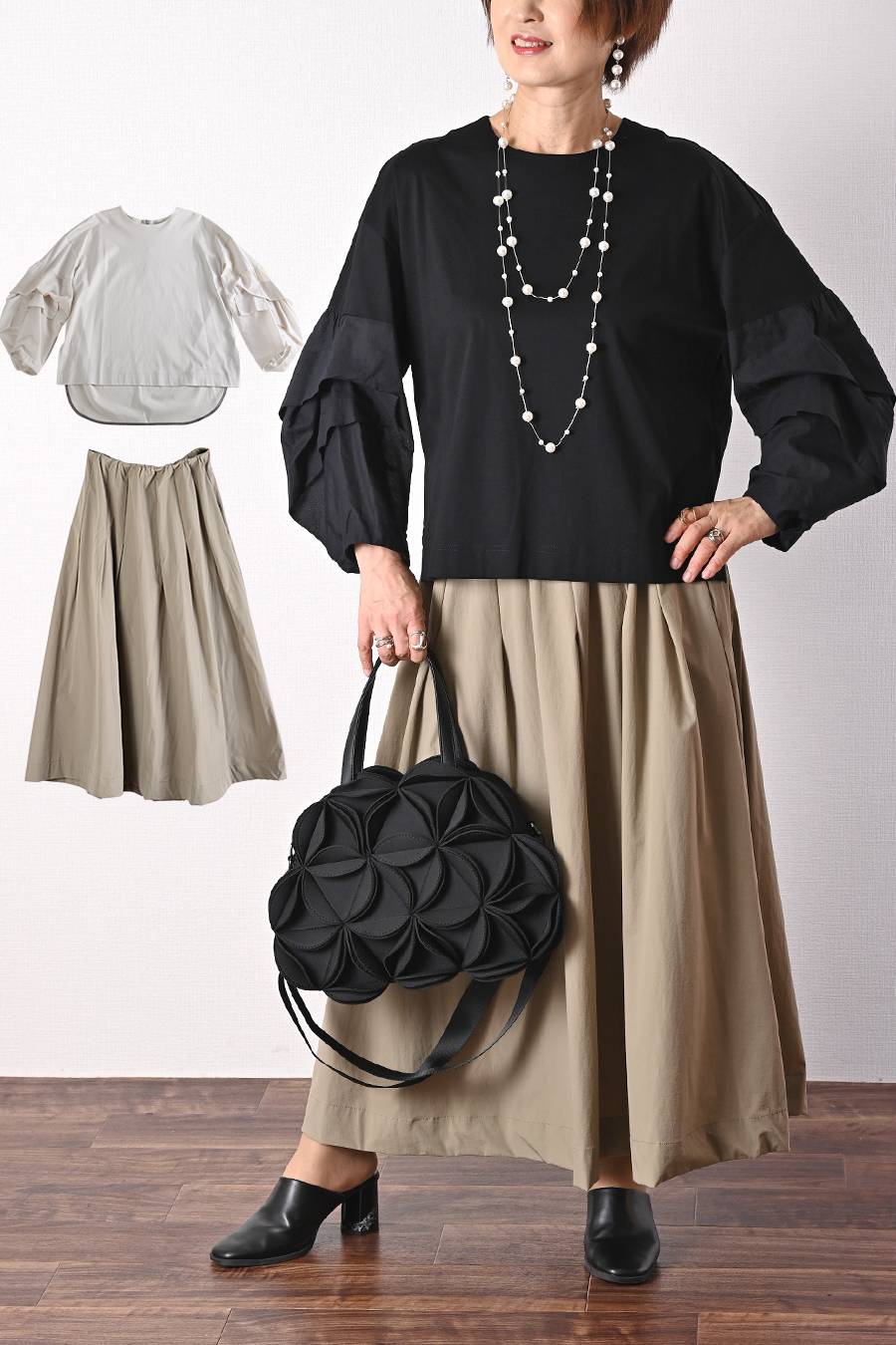 タックスリーブプルオーバー+軽量タック＆ギャザー フレアスカート2点  