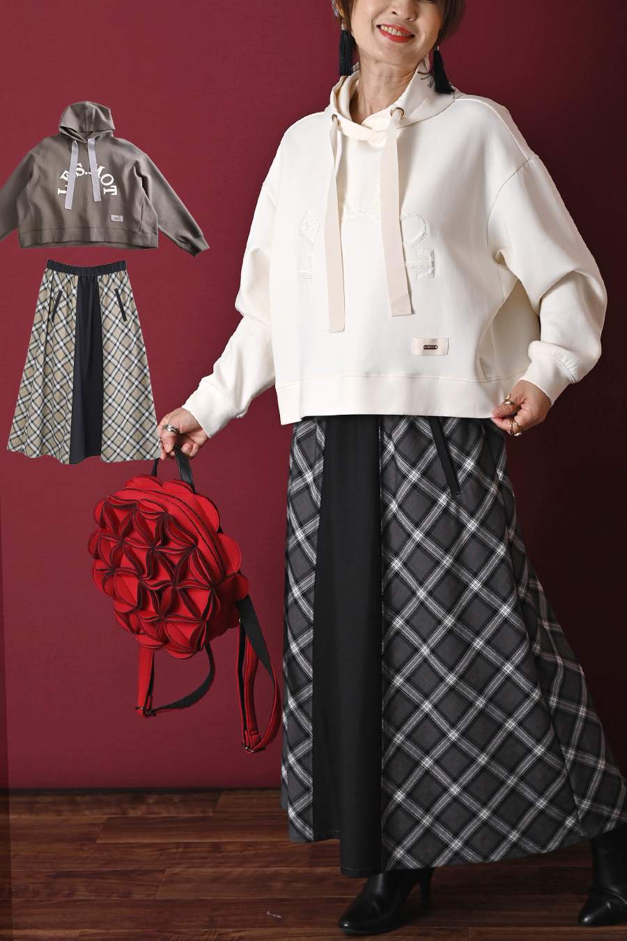 大人の為の上質パーカー+バイヤスチェック×無地 フレアスカート2点