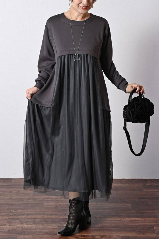 ゆったり柔らかふわり!ソフトポンチ×チュールワンピース