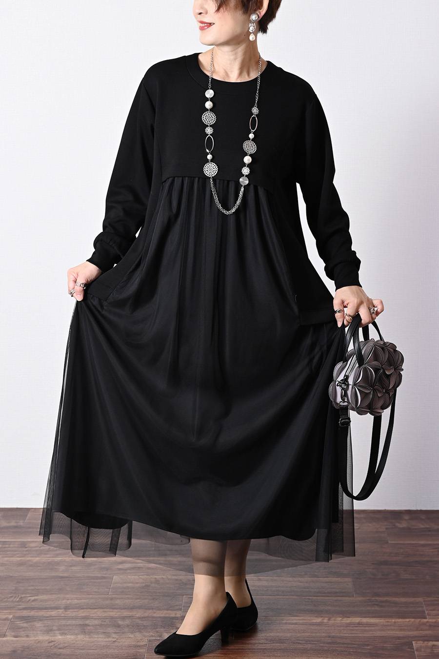 ゆったり柔らかふわり!ソフトポンチ×チュールワンピース