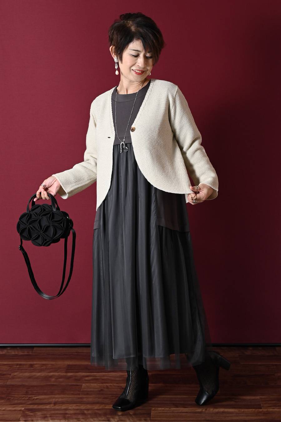 ゆったり柔らかふわり!ソフトポンチ×チュールワンピース