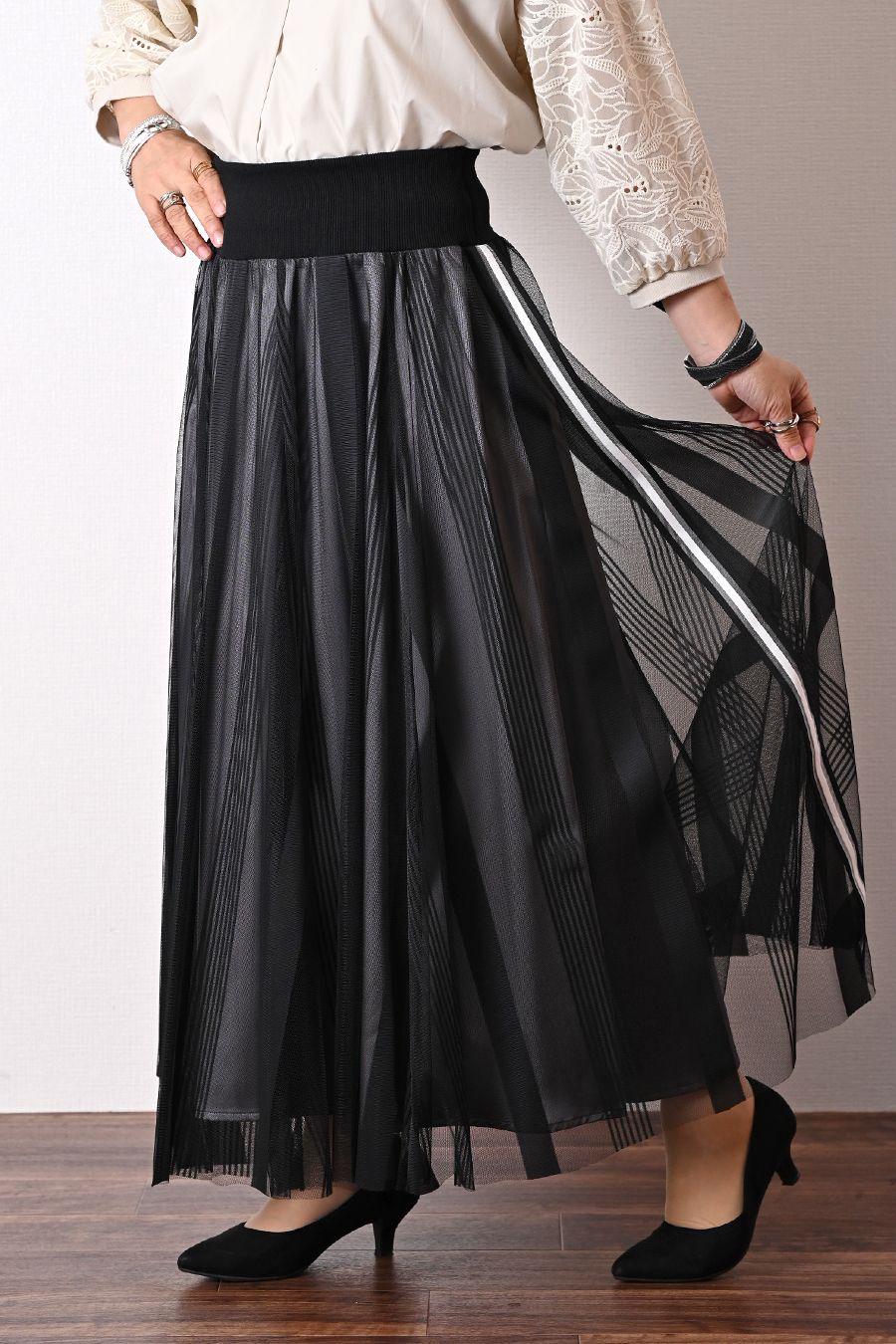 ストライプチュール＆サイドラインフレアスカート – Donna Libera