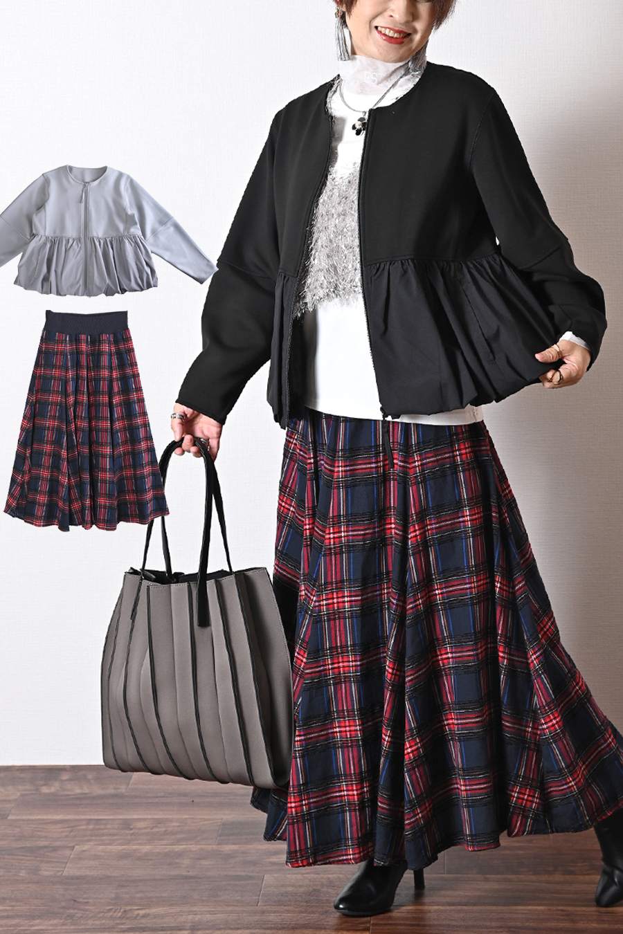 ソフトポンチ×タフタ切り替えジャケット＋ジャガード多色チェック