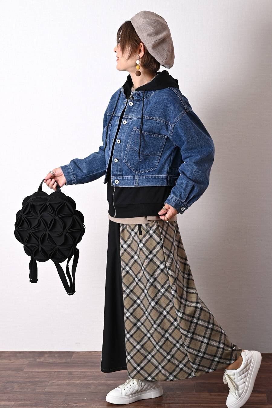 広がりすぎない美ライン!バイヤスチェック×無地 フレアスカート