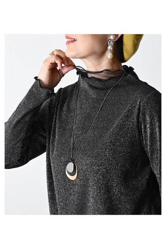 重ね着のマストアイテム！ラメ入りテレコ チュールネックカットソー