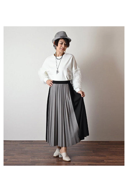 細見えと脚長効果！バイカラープリーツ 切り替えスカート