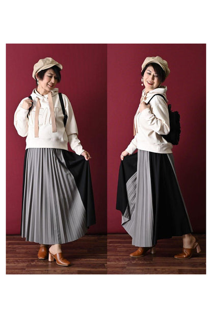 細見えと脚長効果！バイカラープリーツ 切り替えスカート