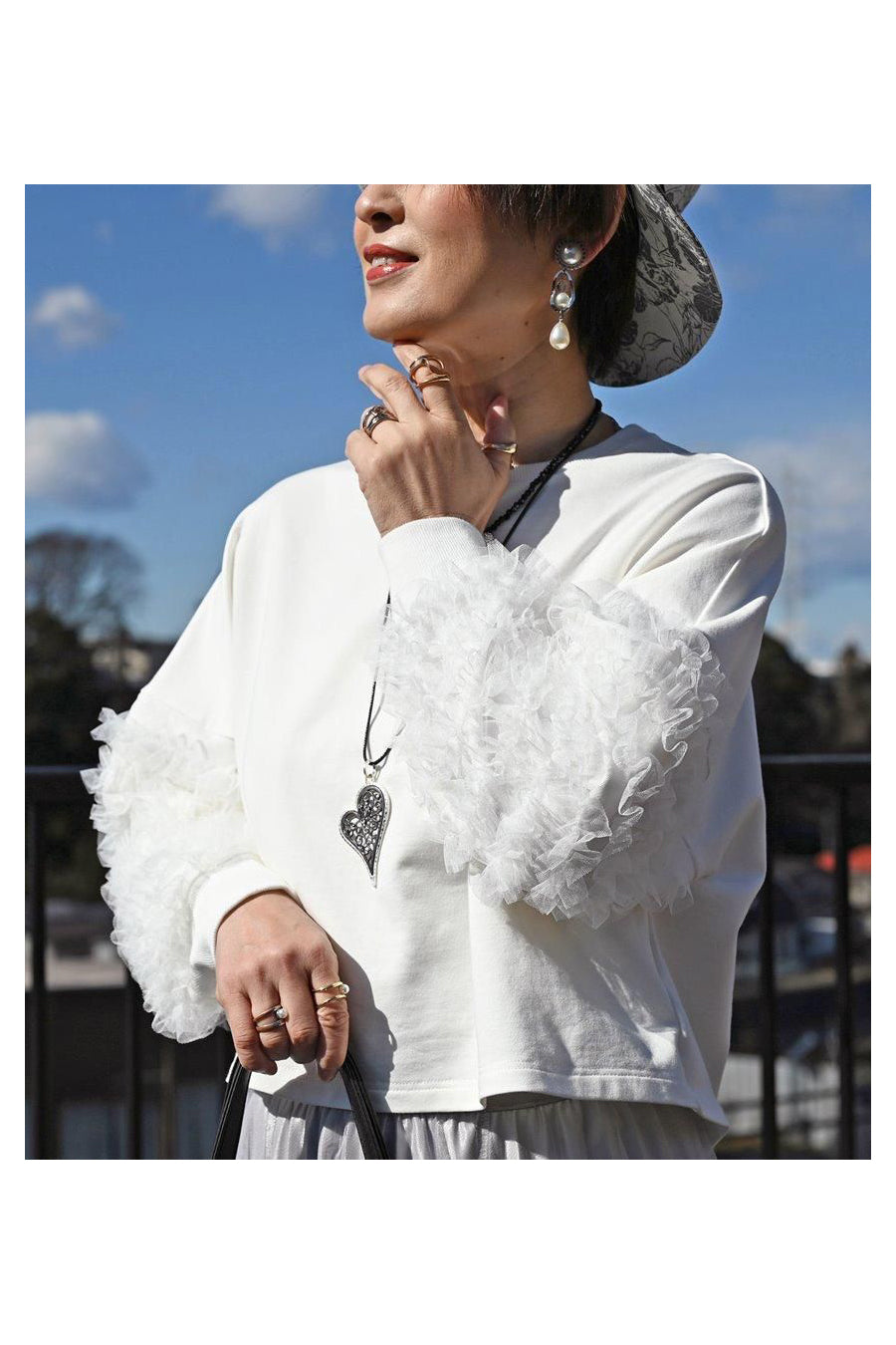 チュールフリル袖 ブラウスライクカットソー