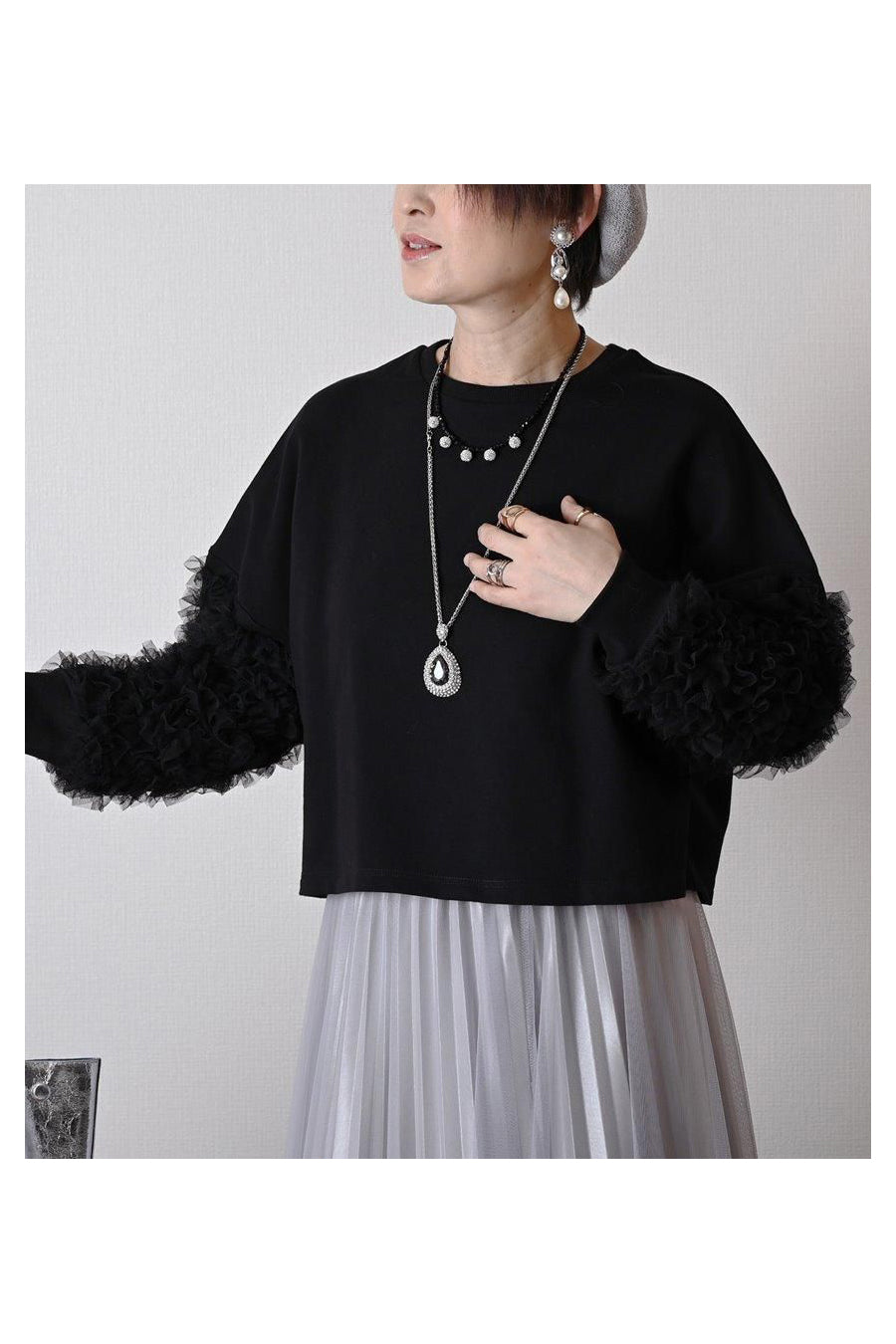 チュールフリル袖 ブラウスライクカットソー