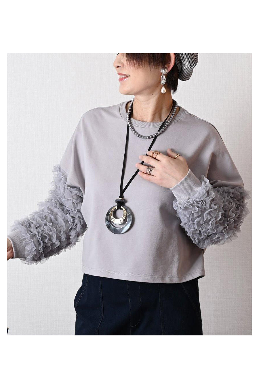 チュールフリル袖 ブラウスライクカットソー