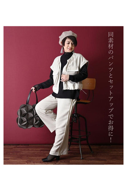 ロングシーズン活躍！ギャザー＆ZIP キャップスリーブベストジャケット