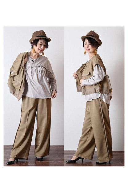 ロングシーズン活躍！ギャザー＆ZIP キャップスリーブベストジャケット