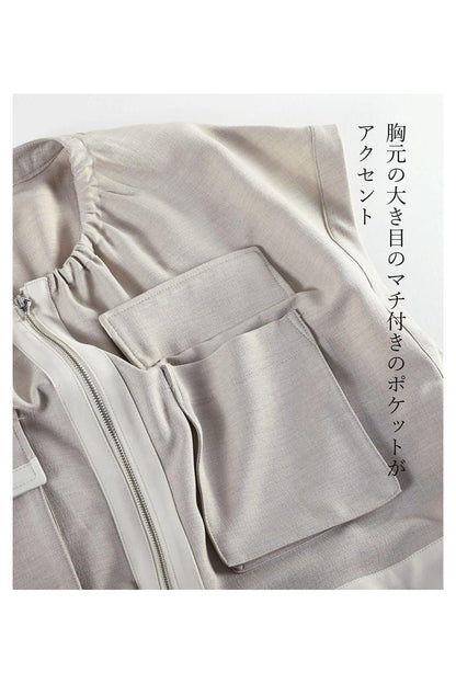 ロングシーズン活躍！ギャザー＆ZIP キャップスリーブベストジャケット