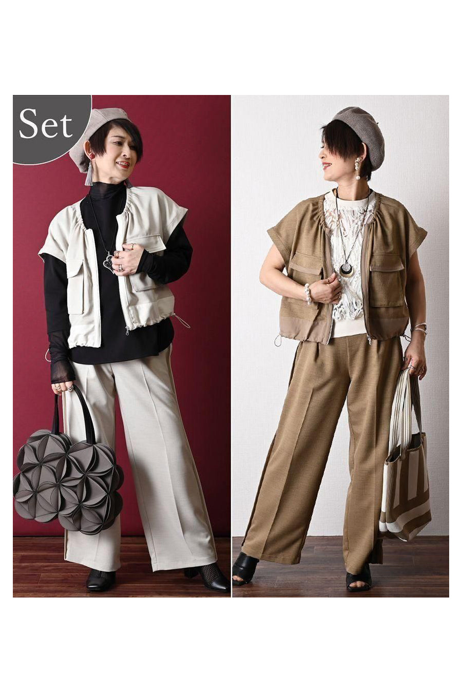 キャップスリーブベストジャケット＋セミワイドパンツ2点セット＜クーポンでメンバーPriceからMAX10%OFF＞
