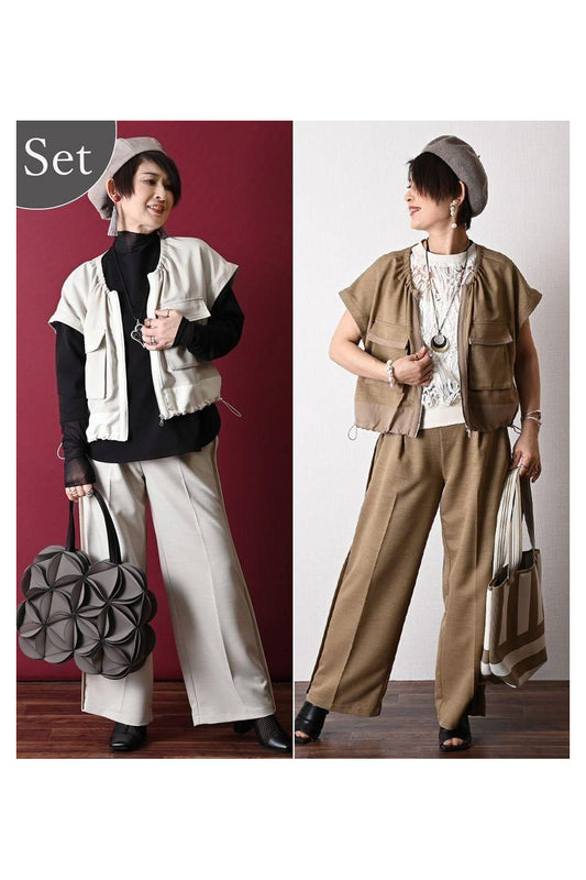 キャップスリーブベストジャケット＋セミワイドパンツ2点セット＜クーポンでメンバーPriceからMAX10%OFF＞
