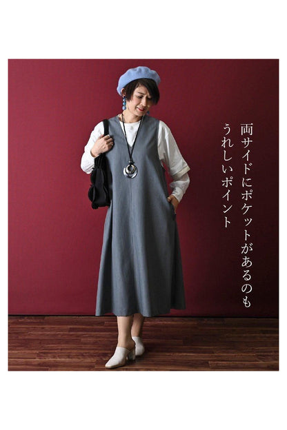 軽い着心地で皺になりにくい！杢調ストレッチ 前後V開きワンピース
