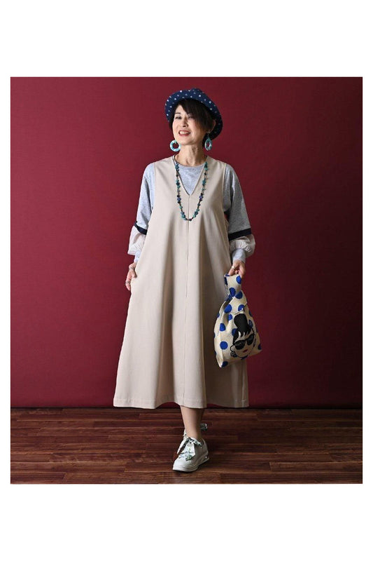 軽い着心地で皺になりにくい！杢調ストレッチ 前後V開きワンピース