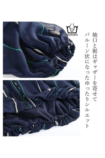 軽涼フェミニン！バストゆったり！シフォンプリント タック＆ギャザーブラウス