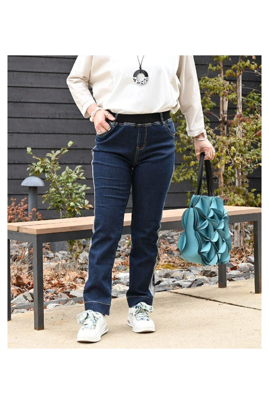 サイド箔プリント　ストレッチデニムパンツ
