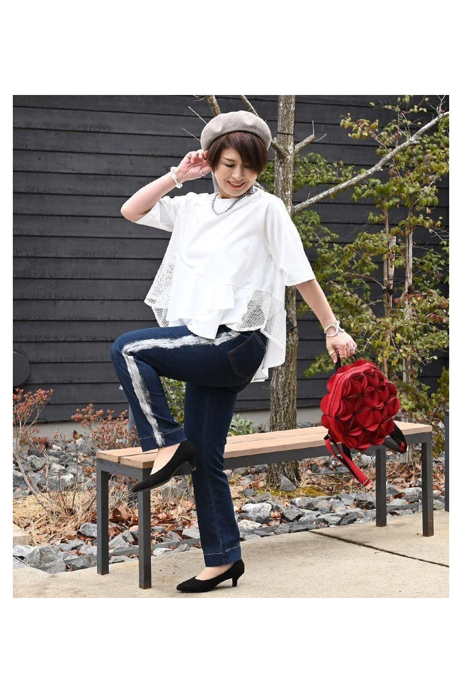 サイド箔プリント　ストレッチデニムパンツ