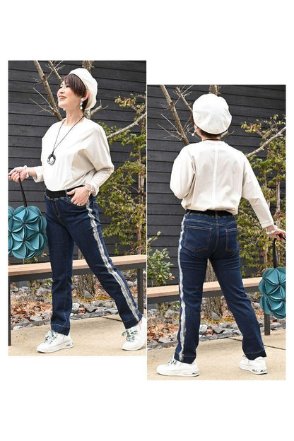 サイド箔プリント　ストレッチデニムパンツ