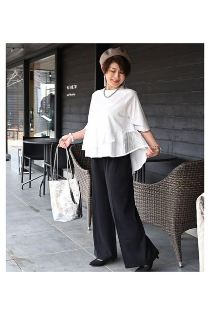 フリル＆メッシュカットソー＋スーパーストレッチワイドパンツ2点セットコーデ