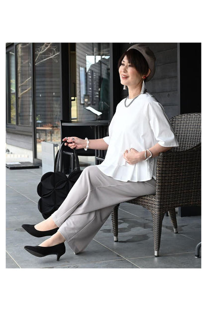 フリル＆メッシュカットソー＋スーパーストレッチワイドパンツ2点セットコーデ