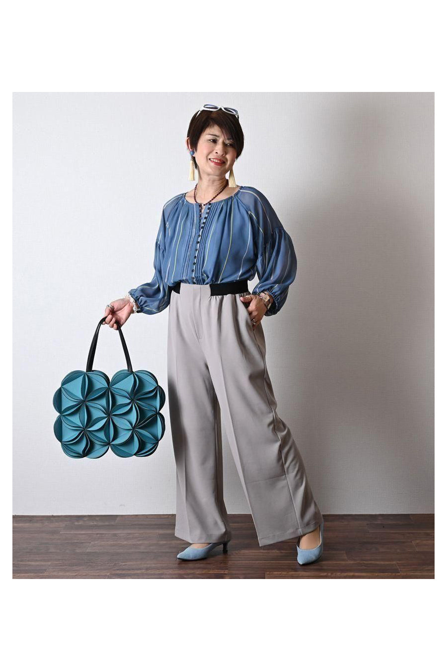 フリル＆メッシュカットソー＋スーパーストレッチワイドパンツ2点セットコーデ