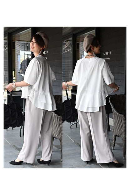 フリル＆メッシュカットソー＋スーパーストレッチワイドパンツ2点セットコーデ