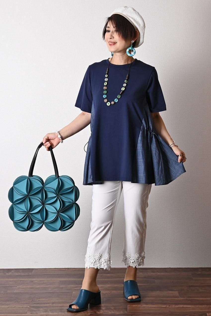 デニム切り替え Aラインフレアカットソー＋パール＆裾レース スーパーストレッチパンツ2点セットコーデ