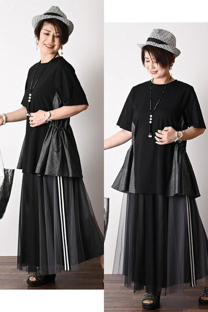 デニム切り替え Aラインフレアカットソー＋パール＆裾レース スーパーストレッチパンツ2点セットコーデ