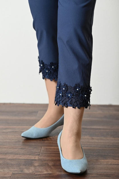 デニム切り替え Aラインフレアカットソー＋パール＆裾レース スーパーストレッチパンツ2点セットコーデ