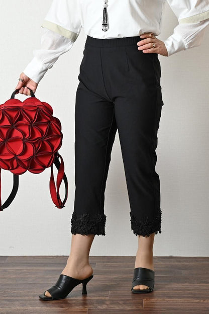 デニム切り替え Aラインフレアカットソー＋パール＆裾レース スーパーストレッチパンツ2点セットコーデ