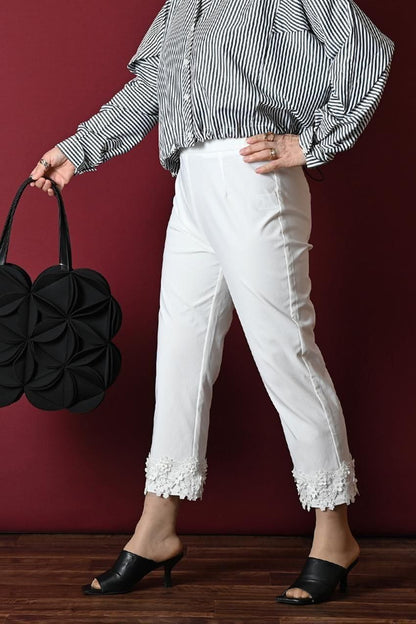 デニム切り替え Aラインフレアカットソー＋パール＆裾レース スーパーストレッチパンツ2点セットコーデ